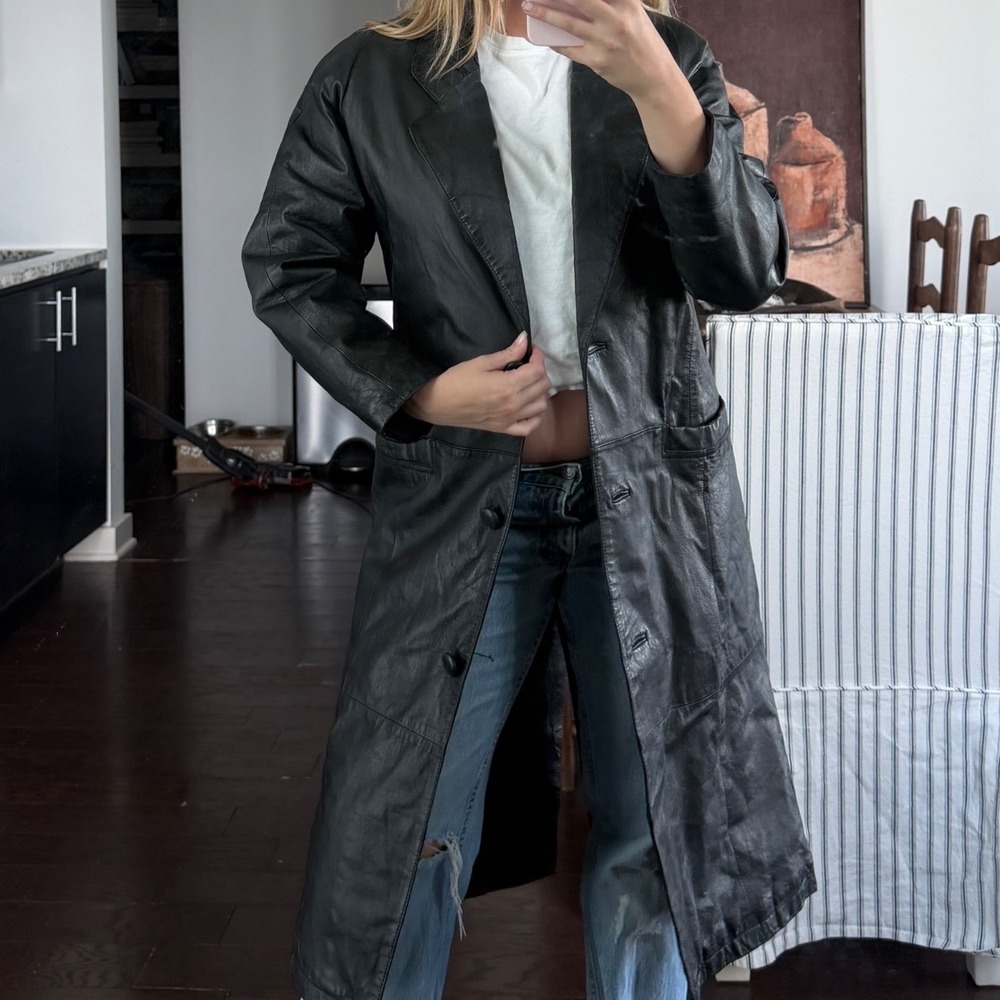 Vintage Y2K Black Leather Trench Coat